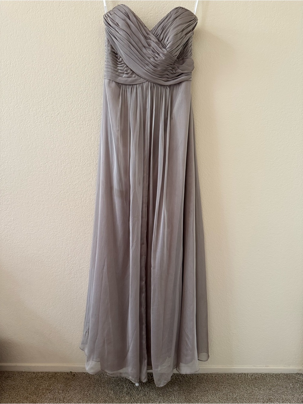 Strapless Pleated Chiffon Maxi Dress in Taupe